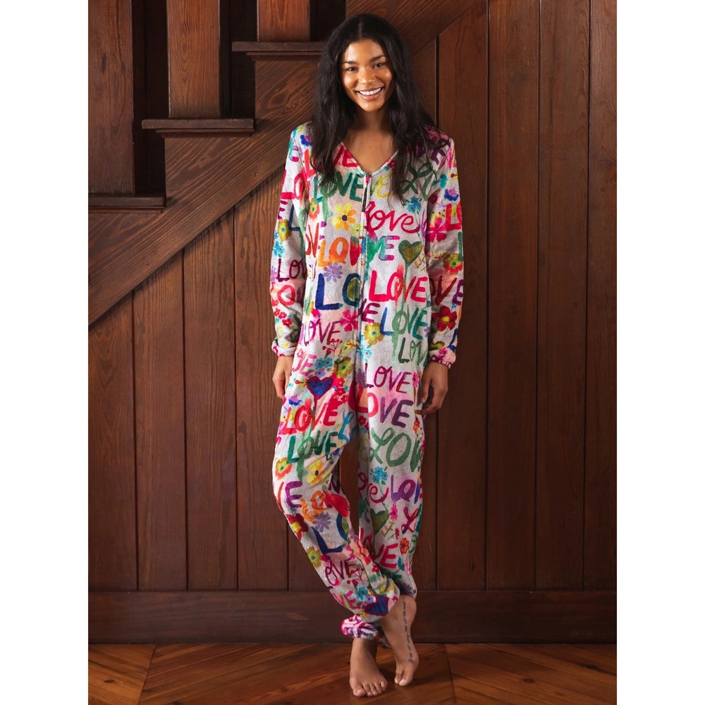 Natural Life Love Graffiti Sherpa Jumpsuit Multicolor Loungewear Small